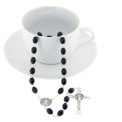 Black Polished Oval Wood Rosary - St Benedict