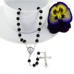 Jet Black Round Polished Glass Rosary