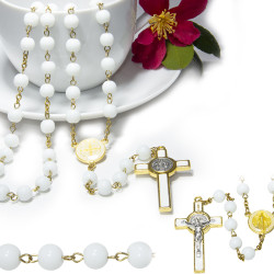 White Glass Saint Benedict Rosary Beads