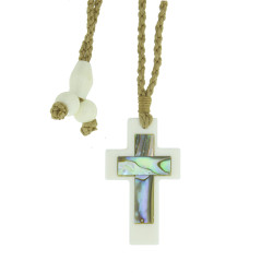 Bone & Paua inlay Cross on cord 40mm